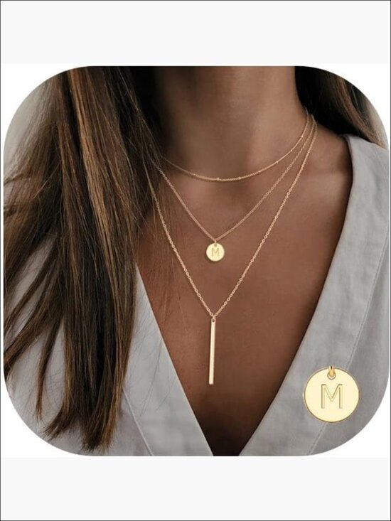 Jewelry - 14K-Gold-Plated Layered Initial Necklace with Adjustable Chains